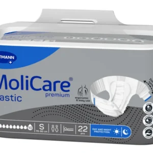 Produktbild eines MoliCare Premium Elastic 10 Tropfen Windelsystems in der Größe Small. Die Verpackung zeigt ein ansprechendes Design mit einem klaren, blauen Hintergrund und einer großen Darstellung des Produkts in der Mitte. Der Titel "MoliCare Premium Elastic" ist hervorstechend in einer modernen Schriftart platziert, umgeben von positiven Schlagworten wie "Sicherheit" und "Komfort".