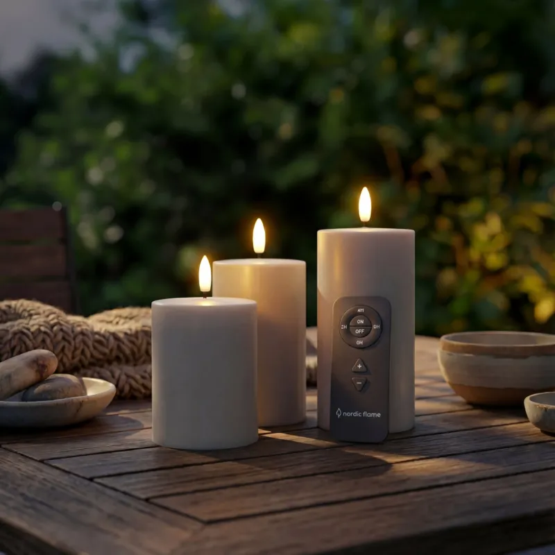 Premium Outdoor 3er-Set Nordic Flame LED-Kerzen inkl. Fernbedienung – Sandfarben Nordic Flame