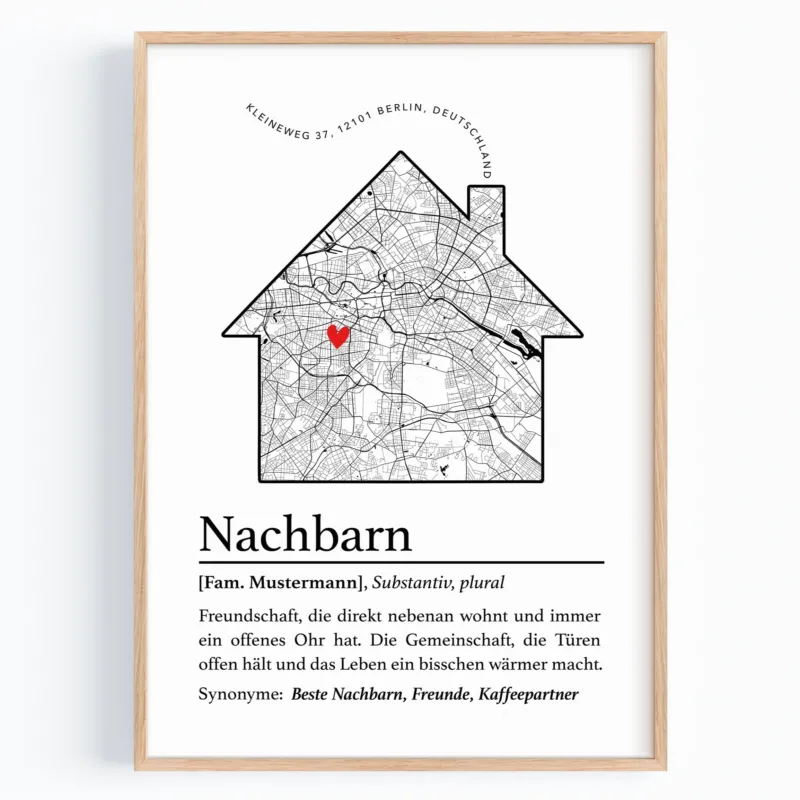 Personalisiertes Nachbarn Poster mit Stadtkarte im Hausdesign
