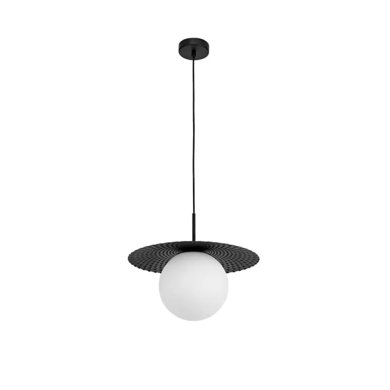 Obbit Glas-Hängelampe Metall Schirm mit eleganter weißer Glaskugel und dekorativem Schirm, ideal für modernes Wohndesign.