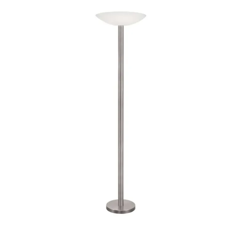 Rocco LED Stehlampe Metall Acryl mit satiniertem Nickel-Finish und weißem Glas, moderne Stehleuchte für Wohnzimmer.