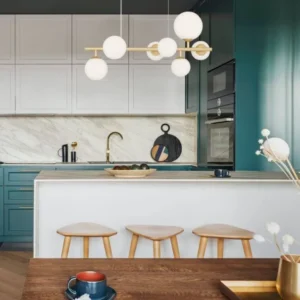 Odillia Pendelleuchte G9 7-flammig, elegante Hängeleuchte mit Opalglas und mattgoldenem Design für moderne Küchen