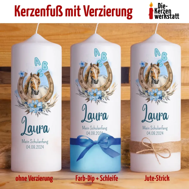 Schulanfangskerze Pferd | Personalisierte Kerze zur Einschulung | 15–30 cm | Mit Name, Datum & Jutestrick