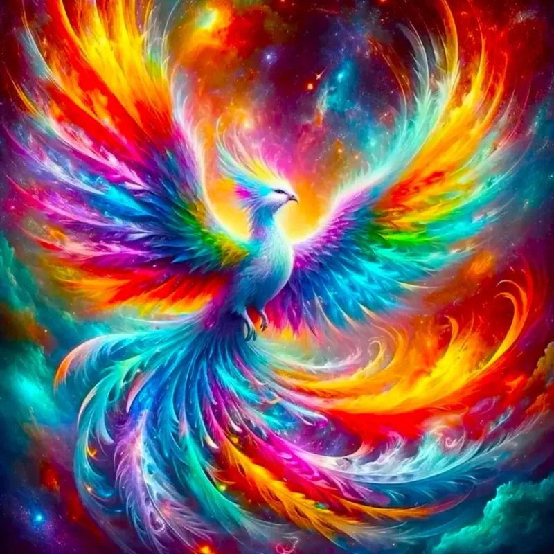 Diamond Painting Set eines mystischen Phönix in bunten Farben mit glitzernden Details in einer magischen Fantasy-Welt