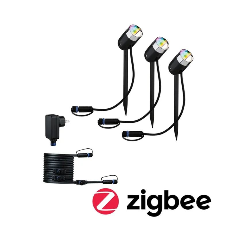Plug & Shine LED Gartenstrahler Smart Home Zigbee Basis-Set mit 3 RGBW Erdspießen, Trafo und Verbindungskabel