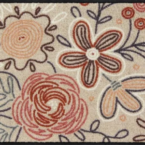 Salonloewe Fußmatte mit gezeichneten Blumen und Blättern auf beigem Hintergrund