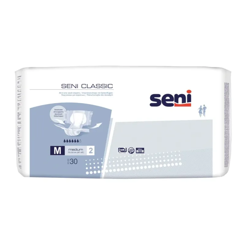 Ein Produktbild zeigt eine Packung mit Seni Classic Medium Inkontinenzslips. Die Packung ist hellblau und weiß, mit einem ansprechenden Design und großen, gut lesbaren Schriftzügen. Auf der Vorderseite ist das Produkt klar dargestellt, inklusive eines Bildes des Slips und Informationen zu den Größen. Es sind auch Piktogramme abgebildet, die die wichtigen Eigenschaften wie Saugkraft und Komfort verdeutlichen. Im Hintergrund ist ein schlichter, heller Raum zu sehen, der den Fokus auf die Packung lenkt.