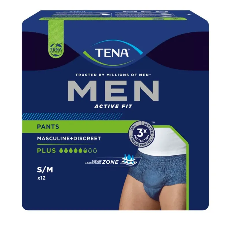 Hose für Männer von TENA, speziell für Inkontinenz, in hellblauem Farbton. Die Hose hat eine enganliegende, bequeme Passform und ist aus atmungsaktivem Material gefertigt, das für ein sicheres Gefühl sorgt. Sie bietet hohe Saugfähigkeit und einen stilvollen Look, ideal für den täglichen Gebrauch. Das Produkt ist in der Größe S-M erhältlich und weist einen elastischen Bund auf, der sowohl Halt als auch Komfort bietet.