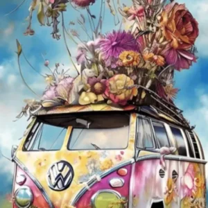 Diamond Painting Set Flower Power VW Bulli mit bunten Blumen, farbenfroher Camping-Bus als Motiv für kreatives Basteln