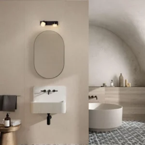 Teko LED Wandleuchte 2-flammig 3000K Schwarz IP44 im modernen Badezimmer über Spiegel und Waschbecken
