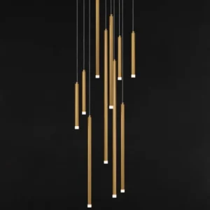 Trimle LED Pendelleuchte 10-flammig Ø 50cm 3000K in gold gebürstetem Aluminium auf schwarzem Hintergrund.