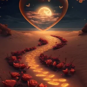 Diamond Painting Set Weg der Liebe: Herz, Mond, leuchtender Rosenpfad am Strand mit Schmetterlingen in sanften Farben