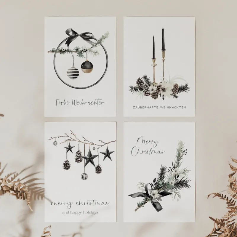 4er Set Weihnachtskarten A6 auf Strukturpapier - schwarz