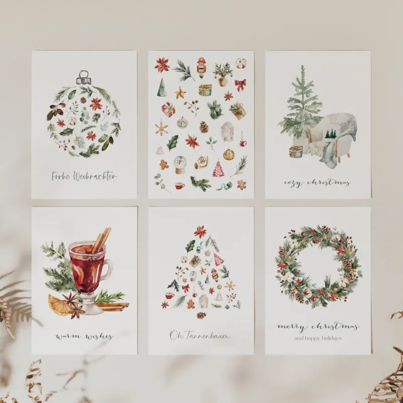6er Set Weihnachtskarten A6 auf Strukturpapier - bunt
