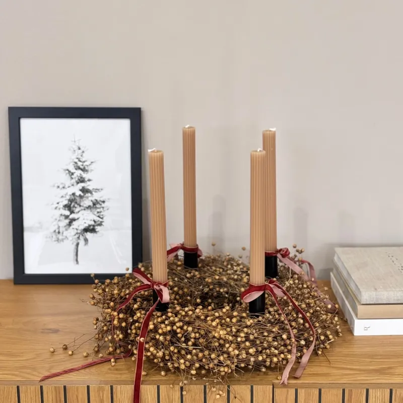 Adventskranz Komplettset Flachs in Beige und Rot, Draufsicht