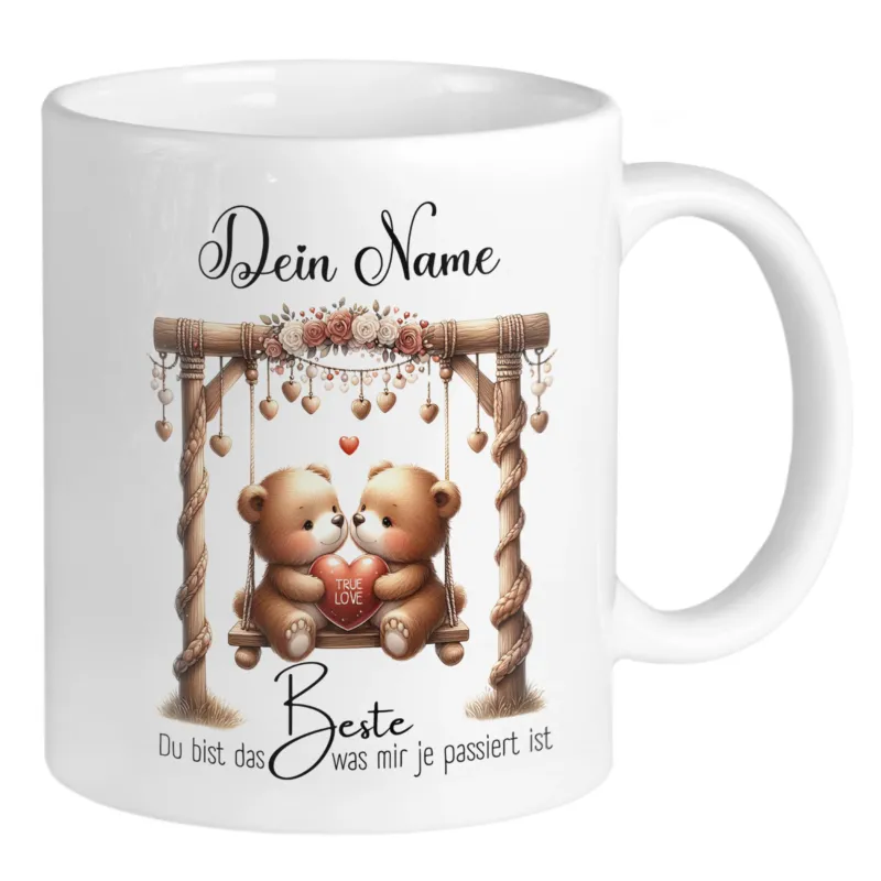 Tasse mit zwei Bären auf einer Schaukel, personalisierbar.