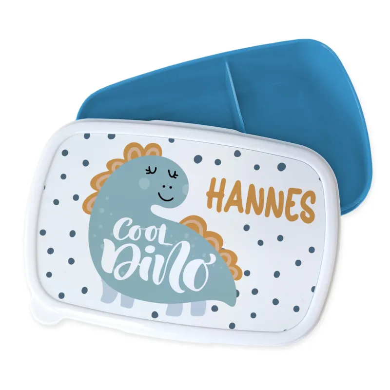 Bento-Box mit Dino-Motiv, blau und weiß, personalisiert.