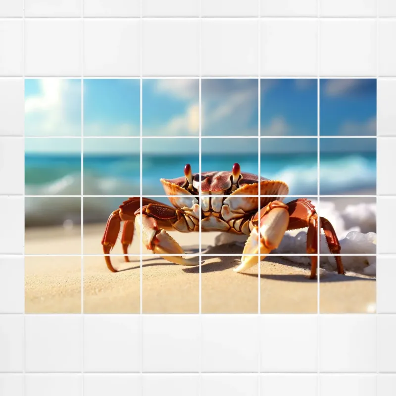 Roter Krebs am Strand mit blauem Himmel im Hintergrund.