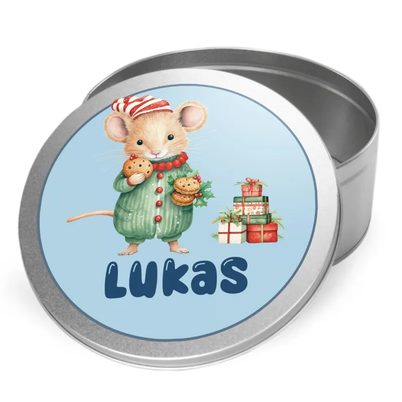 Runde Blechdose mit Maus, Geschenken und dem Namen Lukas.
