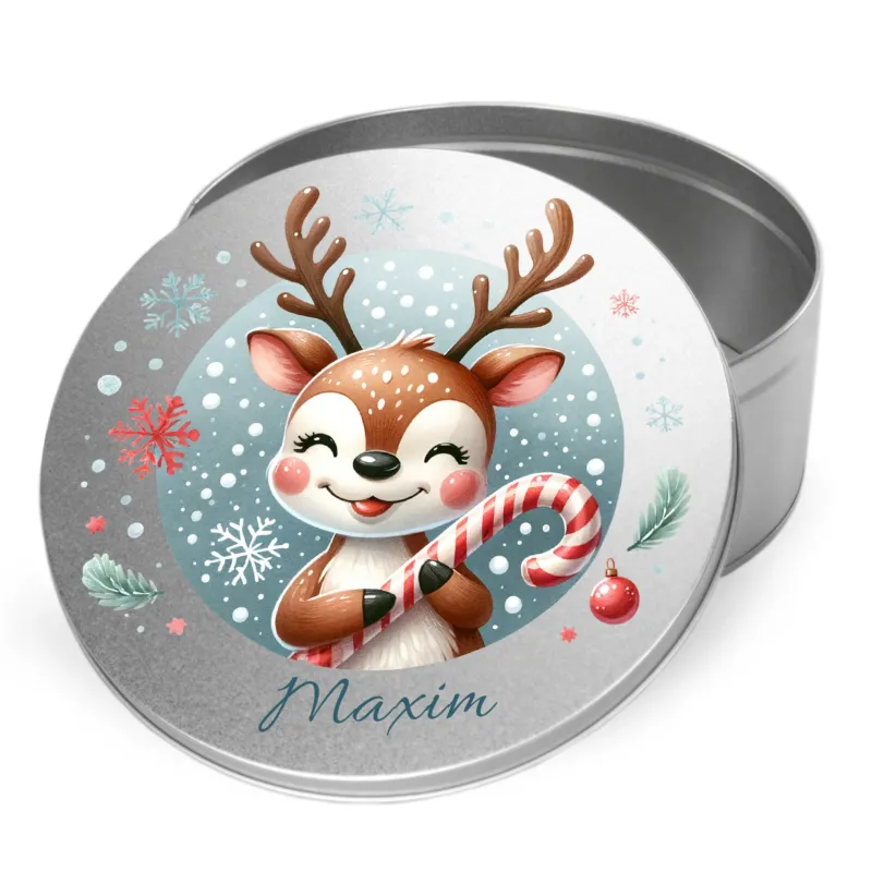Bunte Weihnachtsdose mit Reh und Zuckerstange.