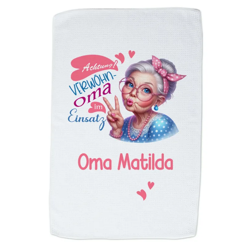 Handtuch mit Oma Matilda, bunten Farben und lustigem Spruch.