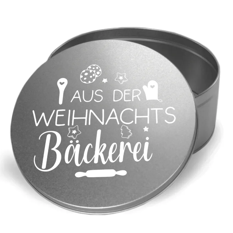 Silberne Dose mit Aufschrift "Aus der Weihnachtsbäckerei".