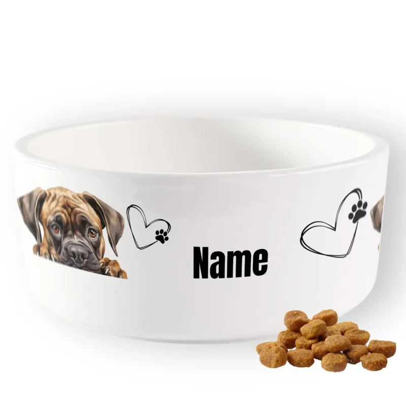 Hunde-Napf in Weiß mit Hundemotiv und personalisierbarem Namen.