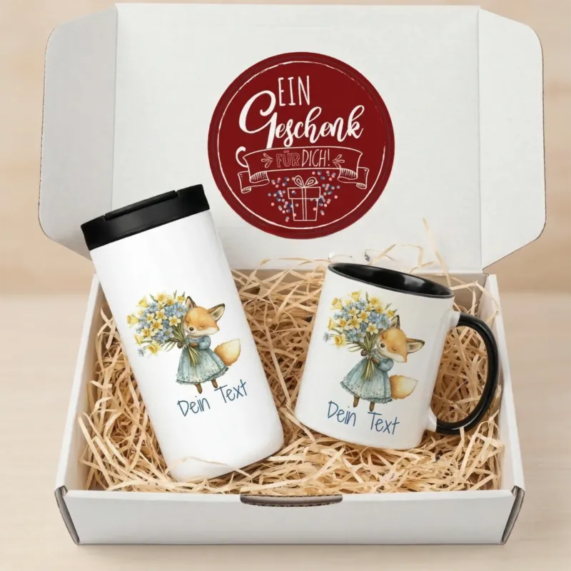 Tasse und Thermobecher mit Fuchs-Motiv, personalisierbar.