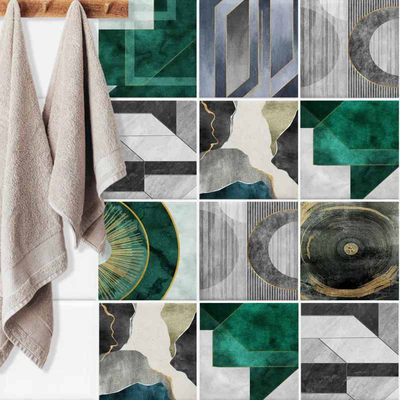 Geometrische Muster in Grün, Grau und Beige, mit Handtüchern.