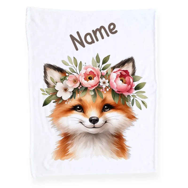 Fuchs mit Blumenkranz auf weißem Hintergrund, personalisierbar.