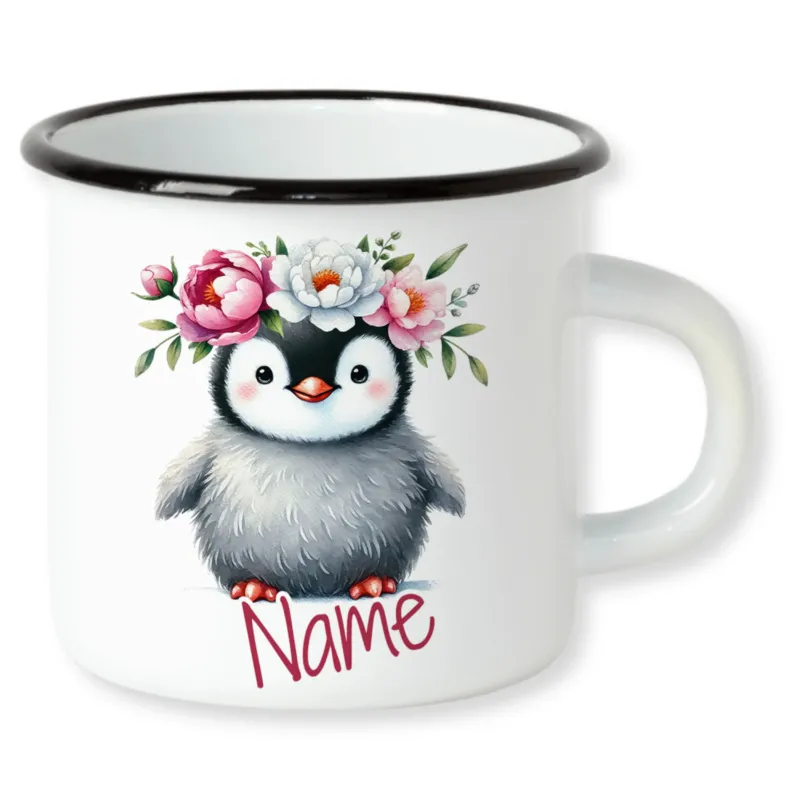 Tasse mit Pinguin und Blumen, personalisierbar.
