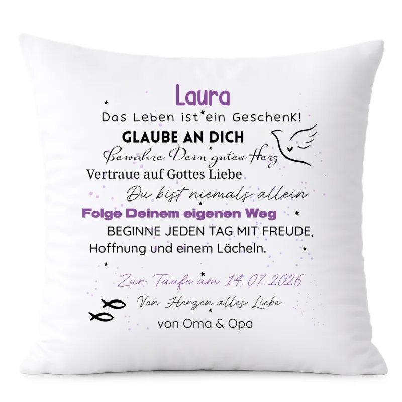 Kissen mit persönlicher Botschaft in Weiß und Lila.