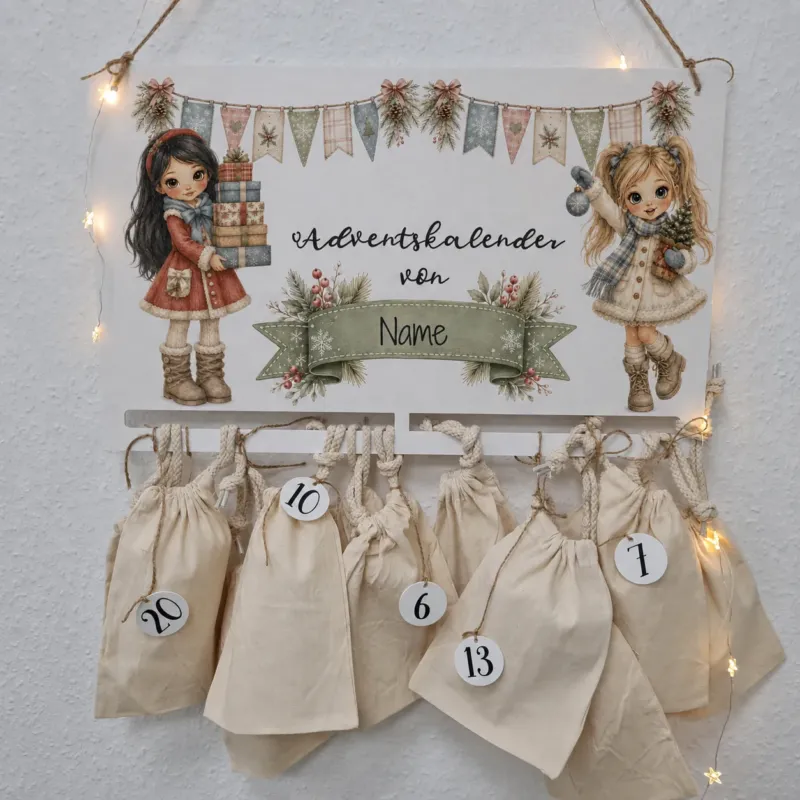 Personalisierter Adventskalender mit Beuteln und Zahlenanhängern an einer hellen Wand