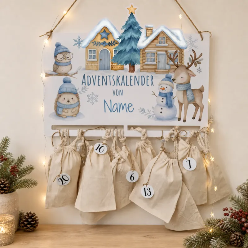 Personalisierter Adventskalender mit Eule, Igel, Rentier, Zahlenanhängern und Baumwollbeuteln