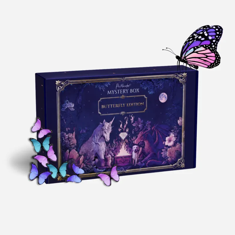Picmondoo Diamond Painting Mystery Box Butterfly Edition mit Einhorn-Motiv und bunten Schmetterlingen