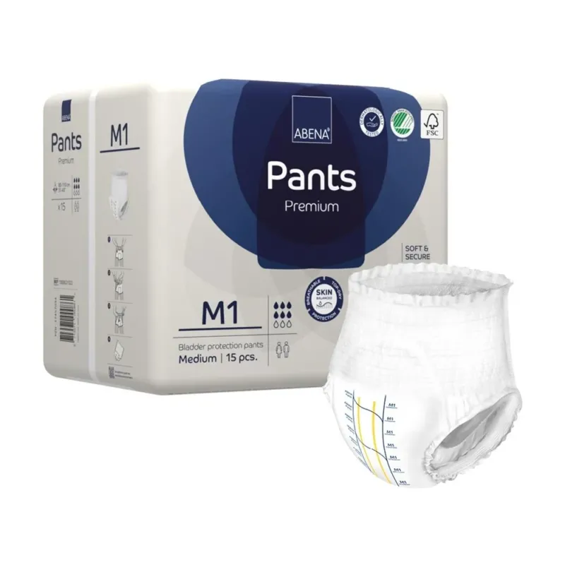Auf dem Bild sind die Abena Pants Premium in der Größe M1 abgebildet. Die Pants haben eine helle, sanfte Farbe und sind mit einem elastischen Bund ausgestattet, der einen hohen Tragekomfort gewährleistet. Die Oberfläche zeigt eine subtile Struktur, die für eine höhere Atmungsaktivität sorgt. Die Windel ist in einer Verpackung präsentiert, die klare Informationen über das Produkt und die Größe enthält.