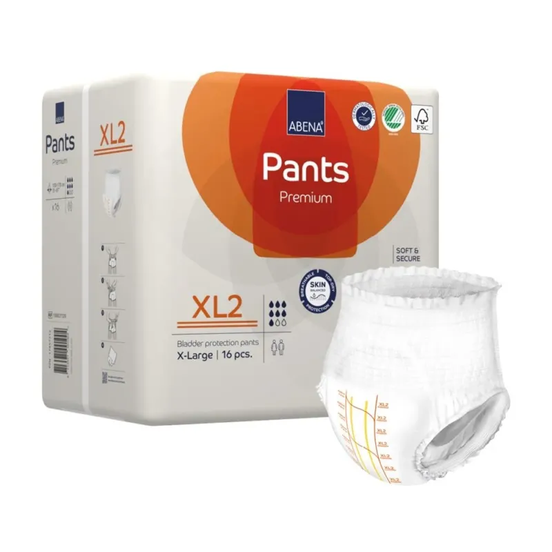 Abena Pants Premium Größe XL, ein Pack mit unisex Inkontinenzhosen, die für hohen Komfort und optimalen Sitz sorgen. Die Hosen sind in einer eleganten, weißen Verpackung präsentiert, die klar die Größe und den Produkttyp anzeigt. Auf der Vorderseite sind Informationen zur Saugfähigkeit und Pflegequalität deutlich sichtbar. Das Design der Pants ist modern und funktional, ideal für Erwachsenenpflege.