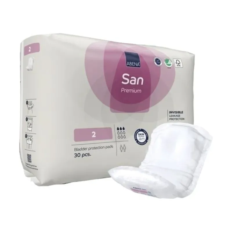 Alt-Text: Abena San Premium Gr. 2 Einlagen für Erwachsene auf einem weißen Hintergrund. Die Einlage ist in einer hellblauen und weißen Verpackung und hat ein modernes Design. Auf der Vorderseite der Verpackung sind Bilder und Bezeichnungen abgebildet, die auf die hohe Saugfähigkeit und den Komfort hinweisen. Die Einlage selbst ist flach und weich, geeignet für die Absorption von leichten bis mittleren Harninkontinenz. Zentrale Produkteigenschaft sind die optimale Passform und Diskretion im Alltag.