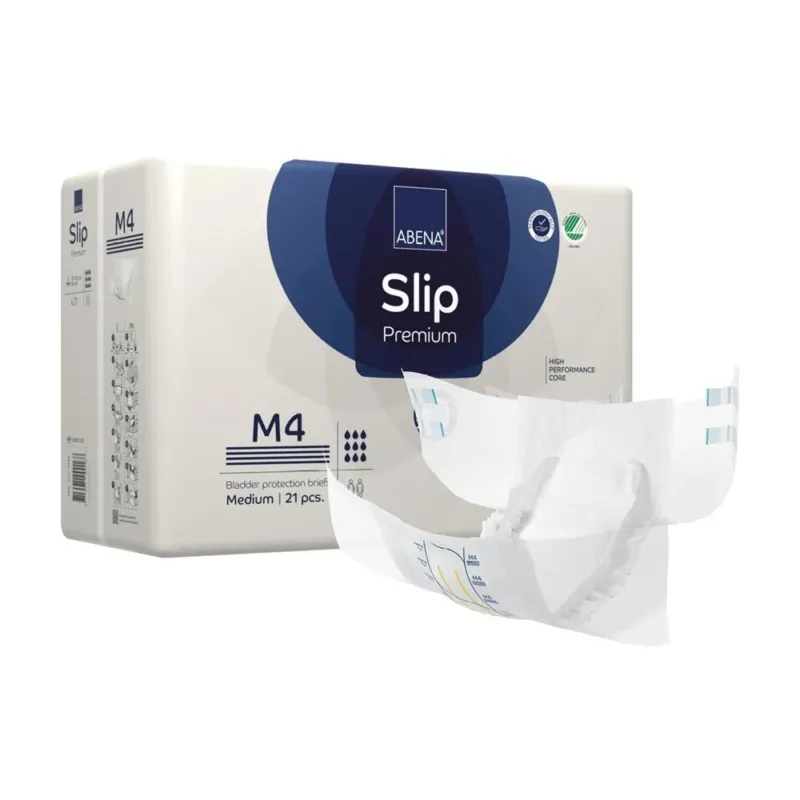 Ein Packung Abena Slip Premium M4 ist auf einem weißen Hintergrund abgebildet. Die Verpackung ist überwiegend in Blau- und Grüntönen gehalten und enthält eine klare Produktbezeichnung. Oben sind das Abena-Logo und das Produktlabel sichtbar, das auf ein hohes Saugvermögen hinweist. Die Anpassungsfähigkeit und der Komfort des Produkts werden durch Symbole hervorgehoben.