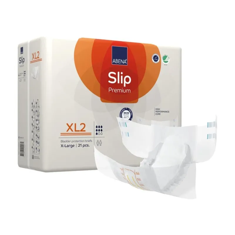 Absorbierend und komfortabel, zeigt das Bild eine Packung von Abena Slip Premium XL2, einem hochwertigen Inkontinenzprodukt. Die Packung ist in einem ansprechenden, klaren Design gehalten, überwiegend in Blau- und Weißtönen. Auf der Vorderseite sind wichtige Produktinformationen leicht lesbar, darunter die Größenbezeichnung "XL2" und Angaben zur Hochleistungsfähigkeit. Im Hintergrund ist eine dezente, helle Textur zu sehen, die das Produkt ansprechend präsentiert.