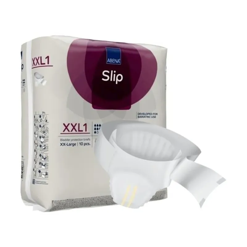 Premium-Inkontinenzslips von Abena in der Größe XXL, auf einem weißen Hintergrund abgebildet. Die Slips sind in einer eleganten, weißen Verpackung mit einer blauen und grünen Farbgestaltung, die das Abena-Logo trägt. Die Vorderseite der Verpackung zeigt die wichtigsten Merkmale des Produkts, wie hohe Saugfähigkeit und Komfort. Diese Einwegslips sind für optimale Sicherheit konzipiert und weisen eine anatomische Form auf, die Bewegungsfreiheit bietet. Ideal für die Pflege bei Inkontinenz.