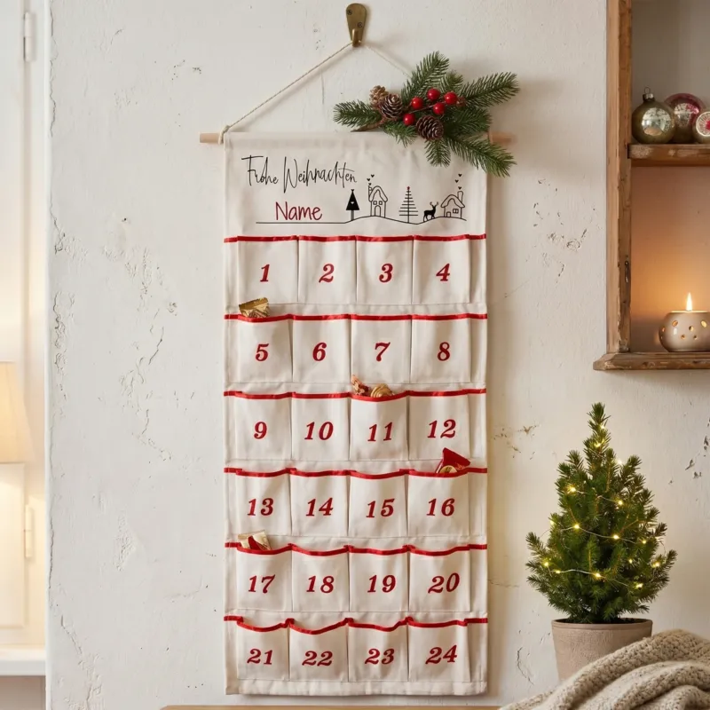 Adventskalender aus Stoff mit Wunschname und 24 Taschen in weihnachtlicher Wohnszene
