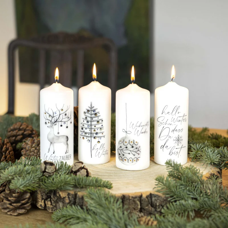 Adventskerzen Set Winterzauber mit vier filigranen Wintermotiven