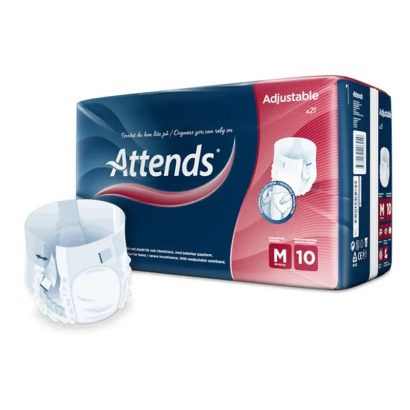 Ein Packung mit "Attends Adjustables 10 Tropfen" in der Größe M. Die Verpackung ist überwiegend weiß mit blauen und grünen Designelementen. Auf der Vorderseite ist das Produkt deutlich abgebildet, zusammen mit der Anzahl der Tropfen, die auf der Skala von 1 bis 10 angezeigt werden. Die Rückseite zeigt technische Details und Anwendungshinweise. Im Hintergrund sind sanfte, neutrale Farbtöne zu sehen, die das Hauptprodukt hervorheben.