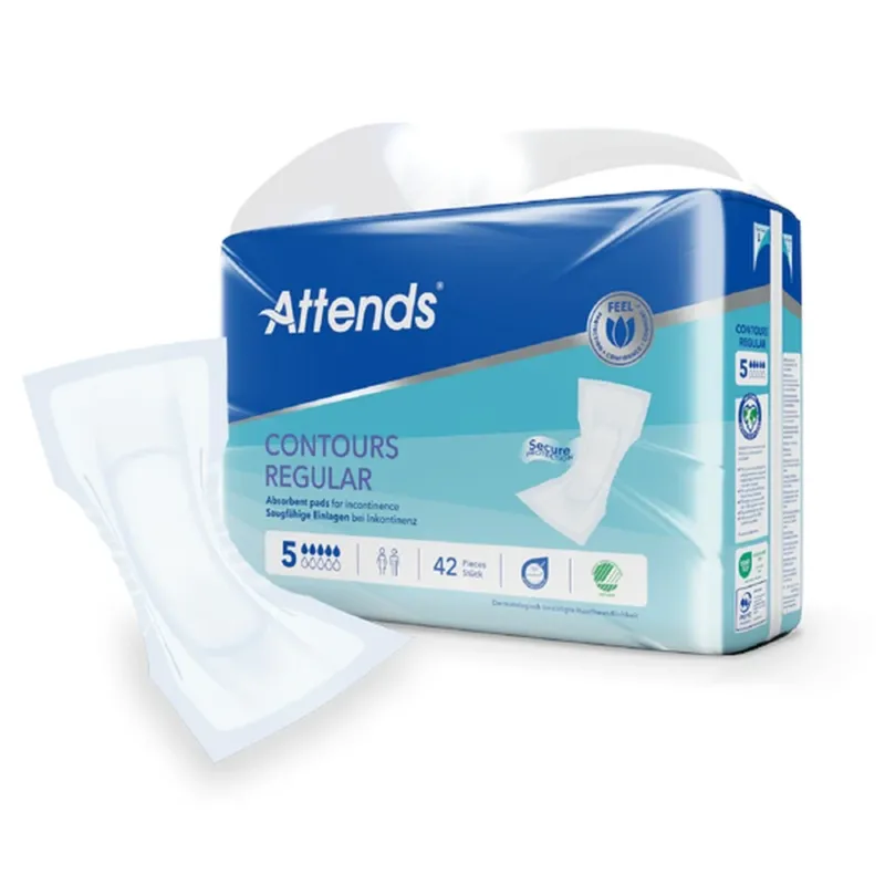 Produktbild der Attends Contours Regular 5 Vorlage, die stilgerecht in einer Packung präsentiert wird. Die Verpackung zeigt einen farblichen Mix aus Blau und Weiß, mit klar lesbaren Schriftzügen und dem Logo von Attends. Die Vorlagen selbst sind in der Packung sichtbar, angeordnet in einer optimalen Form. Im Hintergrund ist ein sanfter, neutraler Farbton, der das Produkt hervorhebt.