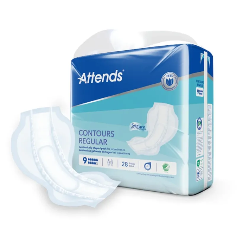 Alt-Text: Abgebildet ist ein Paket mit den Attends Contours Regular 9, einer hygienischen Inkontinenzlösung. Das Paket zeigt eine elegante, mehrfarbige Gestaltung mit einem Bild von den anatomisch geformten Vorlagen, die optimalen Schutz und Komfort bieten. Auf der Vorderseite sind Informationen über die Produktgröße, Saugfähigkeit und Anwendung abgebildet. Die Verpackung hat eine praktische Öffnung an der Oberseite, die eine einfache Entnahme der Vorlagen ermöglicht.