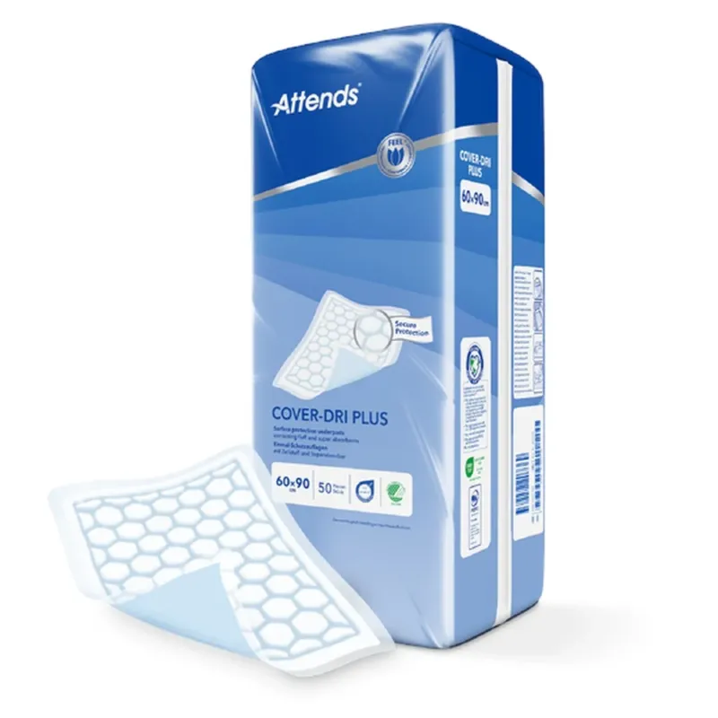 Attends Cover Dry Plus Inkontinenzunterlagen, Größe 60x90 cm, auf weißem Hintergrund. Die Produkte sind flach gestapelt, mit klar sichtbaren Abmessungen und Verpackungsdetails. Die Unterlagen sind in einer schützenden Kunststofffolie eingewickelt, die transparente Sichtfenster hat, um die Qualität zu zeigen. An einer Seite der Packung sind Markierungen und Hinweise zur Verwendung und Pflege abgebildet. Ideal für Personen, die zusätzliche Sicherheit und Komfort bei Inkontinenz benötigen.