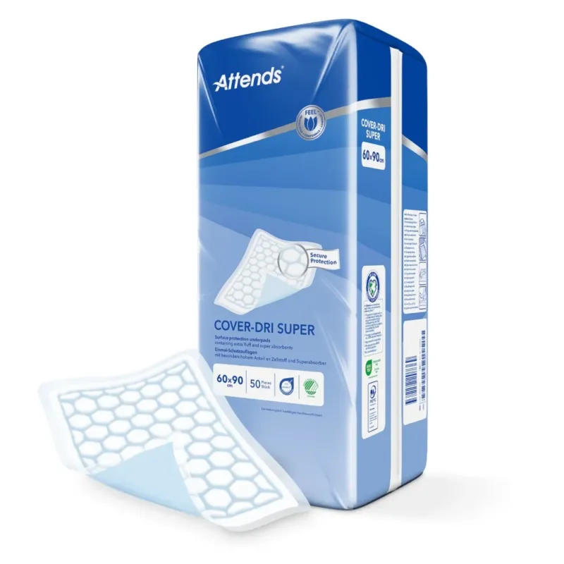 Ein Produktbild zeigt eine Packung Attends Cover Dry Super, die für Erwachsene geeignet ist. Die Verpackung ist überwiegend weiß mit blauen und grünen Akzenten. Auf der Vorderseite sind klare Informationen über die Größe 60x90 cm und die hohe Saugfähigkeit abgebildet. Daneben sind grafische Symbole für Komfort und Schutz zu sehen. Der Hintergrund ist neutral, um den Fokus auf das Produkt zu legen. Die Verpackung vermittelt ein Gefühl von Sicherheit und Hygiene, ideal für Inkontinenzlösungen.