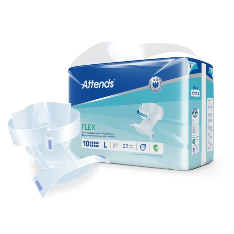 Das Produktbild zeigt eine Packung mit Attends Flex 10 Inkontinenzprodukten in der Größe Large. Die Verpackung ist in einem hellen Blau gehalten und zeigt das Attends-Logo in der oberen linken Ecke. Auf der Vorderseite sind Hinweise zur Produktwirkung und Größe deutlich sichtbar. Die Packung ist vollständig abgebildet und bietet einen klaren Blick auf das Design und die wichtigsten Merkmale. Der Hintergrund ist neutral, um das Produkt hervorzuheben.