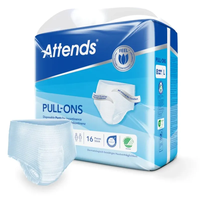 Attends Pull-Ons sind bequeme, saugfähige Inkontinenzunterwäsche. Auf dem Bild sind mehrere Packungen in einem hellen, ansprechenden Design abgebildet. Jede Packung ist weiß mit grünen und blauen Akzenten und enthält die Größe L. Die Produkte sind so angeordnet, dass die Vorderseite gut sichtbar ist, mit klaren Labels, die die Eigenschaften und Anwendung erläutern. Der Hintergrund ist neutral, um die Produkte hervorzuheben.